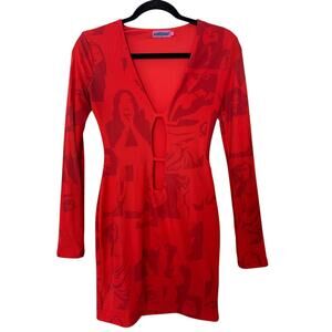 EDIKTED Red Bodycon Dress Plunge Neckline SZ SMALL CONCERT FESTIVAL